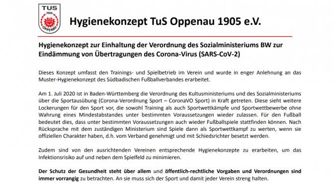 Hygienekonzept des TuS Oppenau