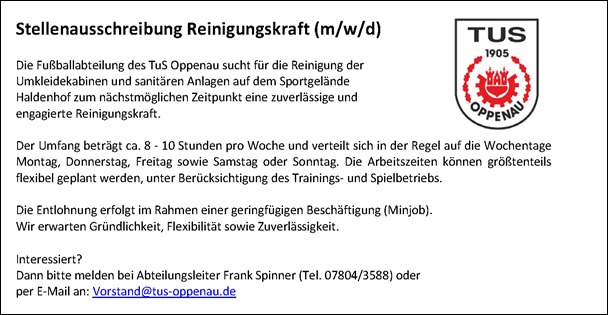Stellenausschreibung Reinigungskraft